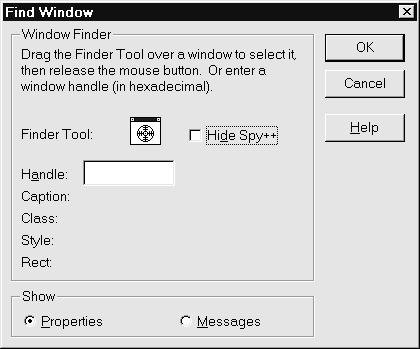 Chapter 09: Testing and Debugging the Solution Figure 11: The Spy++ Find Window dialog box displays the properties of a window as you drag the Finder tool over it The Window Properties dialog box