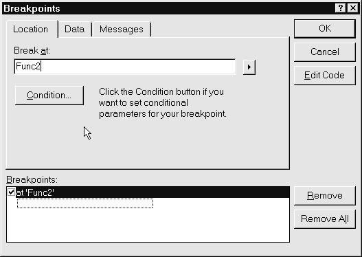 Chapter 09: Testing and Debugging the Solution Data, and Messages. To open the Breakpoints dialog box, from the Edit menu, select Breakpoints, or press Alt-F9.