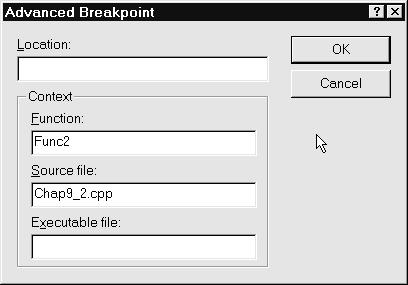 This tab is only available in the Enterprise Edition of Visual C++ 6.0. Enter this information in the Break at text box. The existing breakpoints are displayed at the bottom of the dialog box.