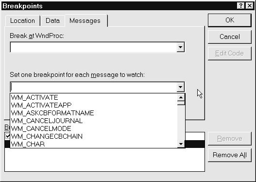 window procedure messages are received. The Break at WndProc list box contains the exported functions in your project.