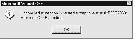 Chapter 11: Maintaining and Supporting an Application Figure 9: You could see this unhandled exception message in the Debug version 16.