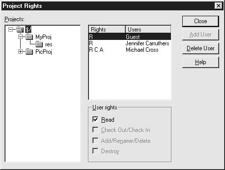 New Page 6 Clicking Rights by project from the Tools menu brings up the dialog box shown in Figure 2-5. The left side of this dialog displays a tree of projects that you can navigate through.