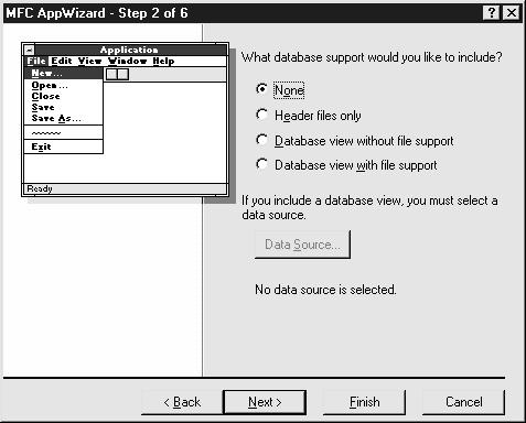 Chapter 04: The User Interface Figure 10: Step 2 of the MFC AppWizard is to select the desired level of database support There are four levels of database support for MFC applications: The default