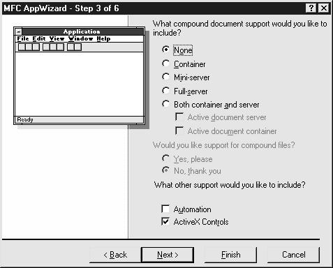 Chapter 04: The User Interface Figure 11: Step 3 of AppWizard allows you to specify ActiveX options There are five choices for compound document support: The default option is to not include support