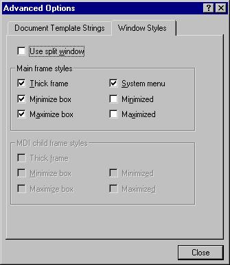 Figure 13: The first tab of the Advanced Options dialog box allows you to specify options for document template strings The second tab of the Advanced Options dialog box, titled Window Styles, is