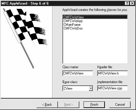 Chapter 04: The User Interface The final step of the MFC AppWizard involves reviewing and confirming the names, filenames, and base classes of the classes that AppWizard will generate.