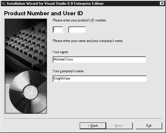 Cha 01: Figure 1-1: Enter the product number, your name, and your company s name to continue with the installation What appears next depends on whether or not you have previous versions of the