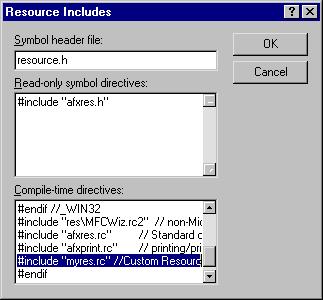 When the Resource Includes dialog box, shown in Figure 4-23, is displayed, you can type an #include statement in the Compile Time Directives edit box that gives the name of the file containing your