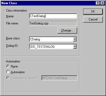 Chapter 04: The User Interface Figure 35: The New Class dialog box enables you to create a new class based on CDialog Now you can use the Member Variables tab of ClassWizard to connect the dialog box