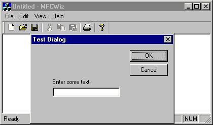 Chapter 04: The User Interface Figure 41: The Test Dialog has been launched by the message handler function that ClassWizard set up The Test Dialog doesn't do anything at the moment, so to finish the