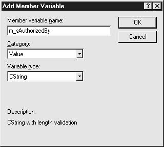 Click OK on the Add member variable dialog box, and click OK to dismiss ClassWizard. 6.