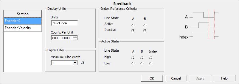 b. Set Feedback Source to Encoder 0, if you have connected an encoder, or None if you do not have an encoder connected. c. Confirm that the Axis Enabled and Enable Drive on Transition to Active Mode checkboxes contain checkmarks.