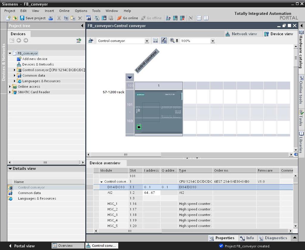 5. Now, the software automatically switches to the project view with the opened hardware configuration.