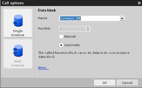 17. Since we are dealing with a function block, it has to be provided with memory. In SIMATIC S7-1200, data blocks are provided as memory. Such an assigned data block is called Instance Data block.