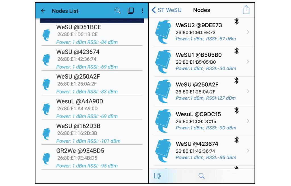 ST WeSU app Figure 36: ST WeSU app (Android and ios) device list UM04 The app is able to support multiple node connections and switch from single to multiple