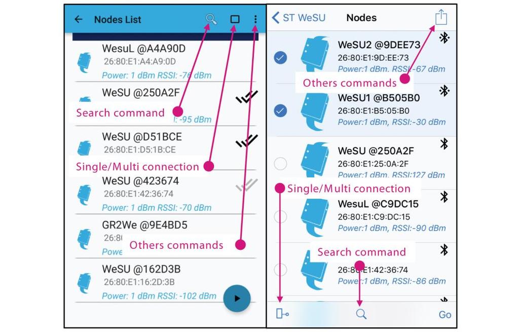item. Figure 37: Node list (Android and ios) commands The double tick ( ) mark for multiple nodes on the Android page is black when a particular node is connected,