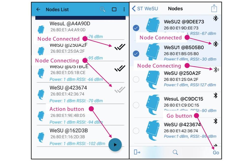 UM04 Figure 38: Node status (Android and ios) indication ST WeSU app From the node list view, you can: restart scanning for nearby nodes from the search button or by swiping down the node list;