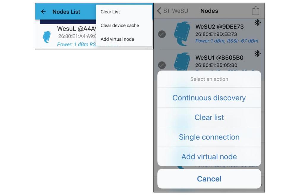 ST WeSU app Figure 39: Nodes list (Android and ios) menu UM04 In single node connection mode, the AHRS motion demo showing a
