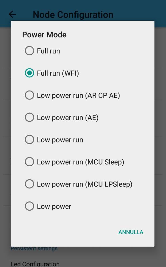 ST WeSU app 4..6. Low power mode selection Selecting Power Mode from the node configuration settings lets you reduce the system current consumption, keeping some features available if needed.