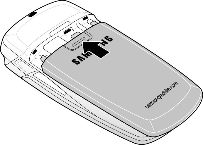 5. (1) Place the battery so that the tabs on the end align with the slots at the bottom of the phone. (2) Press the battery down until it clicks into place. Section 1 8 6. Replace the battery cover.