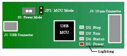 ) Target Interface 10-pin connection with starter- kit or target board. Please read 'Target Board Connectivity' on how to design the target hardware to connect the USB Monitor Board.