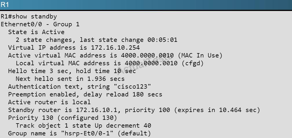 Answer: D Cisco 300-115 Exam Based on the following output, we see that R1 is the active standby router for the Ethernet 0/0 link, so all outgoing traffic will be forwarded to R1.
