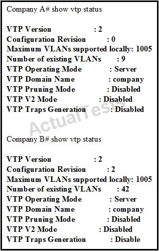 The network switches for two companies have been connected and manually configured for the required VLANs, but users in company A are not able to access network resources in company B when DTP is