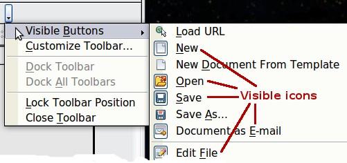 choose Visible Buttons from the drop-down menu. Visible icons are indicated by an outline around the icon. Click on icons to hide or show them on the toolbar.