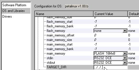 Select main_memory_bank=0, main_memory=ddr_sdram_32mx16, stdin-out=dte, TARGET_DIR=../.
