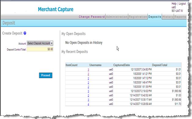 Deposits The Deposits tab allows the user to create a deposit and view open and recent deposits.