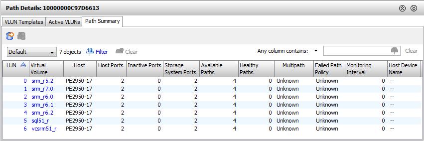 The following information is provided on the Active VLUNs tab: Column LUN Domain Virtual Volume RAID Type Host Port Host WWN/iSCSI Name Exported Size Type The exported LUN value.