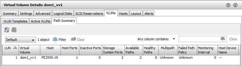 Column Host Port WWN/iSCSI Name Exported Size Type The name of the host to which the VLUN is exported. The Storage Server port on which the VLUN is exported. The WWN or iscsi name of the port.