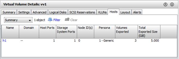 Hosts Tab The following information is displayed: Column Name Domain Host Ports Storage System Ports Node ID(s) Persona Volumes Exported Total Exported Size The volume name.