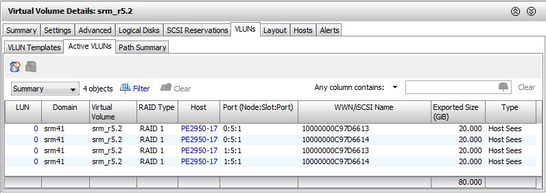 Displaying Summary Information The following information is displayed on the Active VLUNs tab: Column LUN Domain Virtual Volume RAID Type Host Port WWN/iSCSI Name Exported Size Type The exported