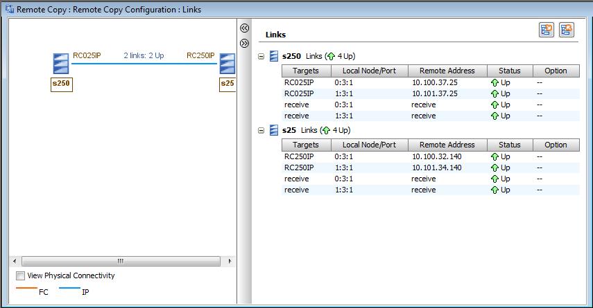 Information about the Remote Copy links appears on two panes in the Management Window: The left pane displays a graphical representation of the selected Remote Copy configuration.
