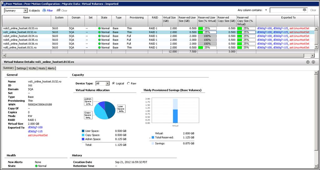 The screen is divided into a list pane and a detail pane. A blue arrow icon to the left of a volume name in the list pane indicates the I/O endpoint on the Available Volumes screen.