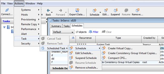 Tasks & Schedules Manager Common Actions Panel Contains options for creating a schedule to create a virtual copy, create a consistency group virtual copy, compact a common
