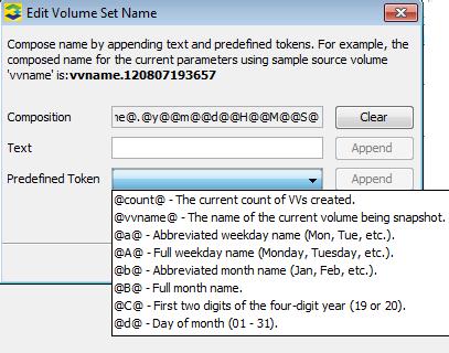 14. Click OK. Edit Volume Set Name Dialog When editing the volume set name, you can compose the name by appending your own text or predefined tokens to the default name in the Composition textbox.