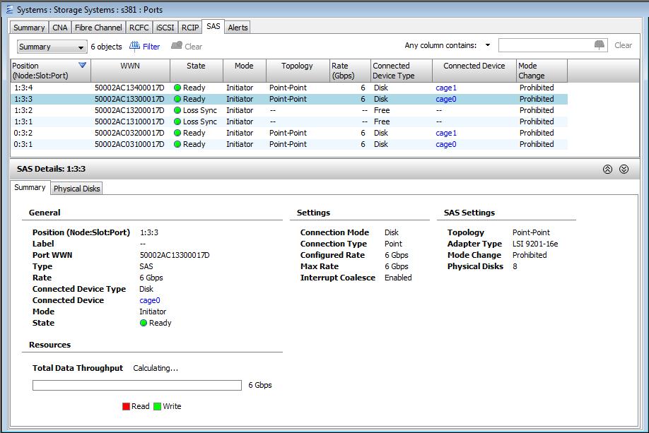 The SAS screen can be filtered by Summary and Settings information.