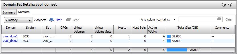 Viewing Summary Information The Summary filter provides the following information: Column Domain System Set CPGs Virtual Volumes Virtual Volume Sets Hosts Host Sets Active VLUNs Total Size Comments