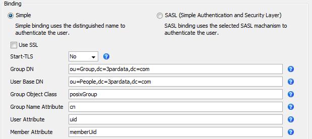 7. For Simple binding: a. Select a value in the Start-TLS list: no The LDAP server does not use TLS protocol to create an encrypted connection (default).