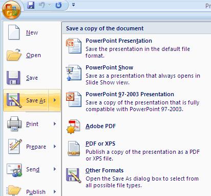 Click the Microsoft Office Button Click Save As Type in the name for the Presentation In the Save as Type box, choose Excel 97-2003 Presentation Add Slides There are several choices when you want to