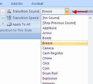 Add sound by clicking the arrow next to Transition Sound Modify the transition speed by