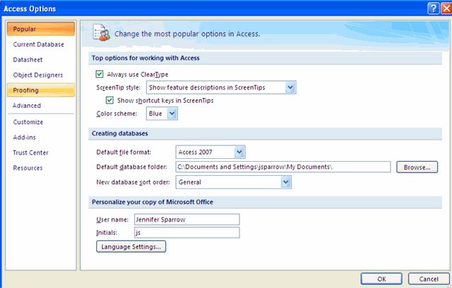 Current Database This feature allows you to set options for the Application,