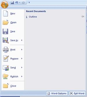 The Microsoft Office button performs many of the functions that were located in the File menu of older versions of Word.