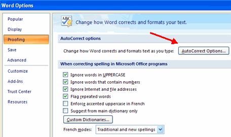 On the AutoCorrect Tab, you can specify words you want to replace as you type Create a New Default Dictionary Often