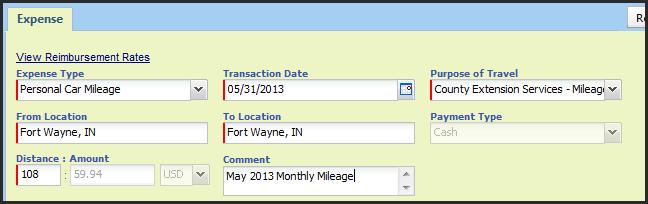 Type Transaction Date, Purpose of Travel, From and To Location. Also type in the total # of miles you accumulated for the month. (Should match exactly to your Form 21.