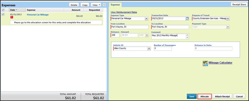 ALLOCATIONS Personal Car Mileage is displayed as an unallocated expense.
