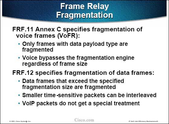 In Frame Relay networks, two fragmentation standards are available on layer-2 (within the Frame Relay encapsulation): When Voice over Frame Relay (FRF.
