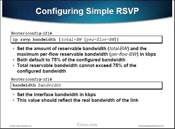 QUESTION 55 By default, how much of the interface bandwidth is available to RSVP? A. 25% B. 50% C. 75% D. 100% Answer: C Explanation: Basic RSVP is configured by two interface commands.